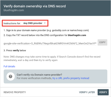 Google Search Console Verify Domain Ownership via DNS Record