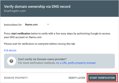 Google Search Console Start Domain Ownership Verification Process