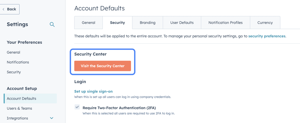 Where to find the security center button